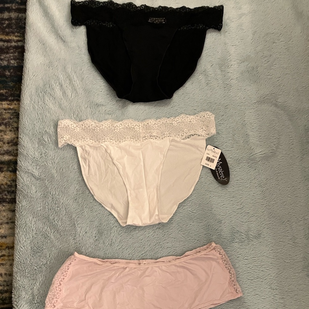 Le Mystere Lace Trim Panty Trio - Black, White, Pink